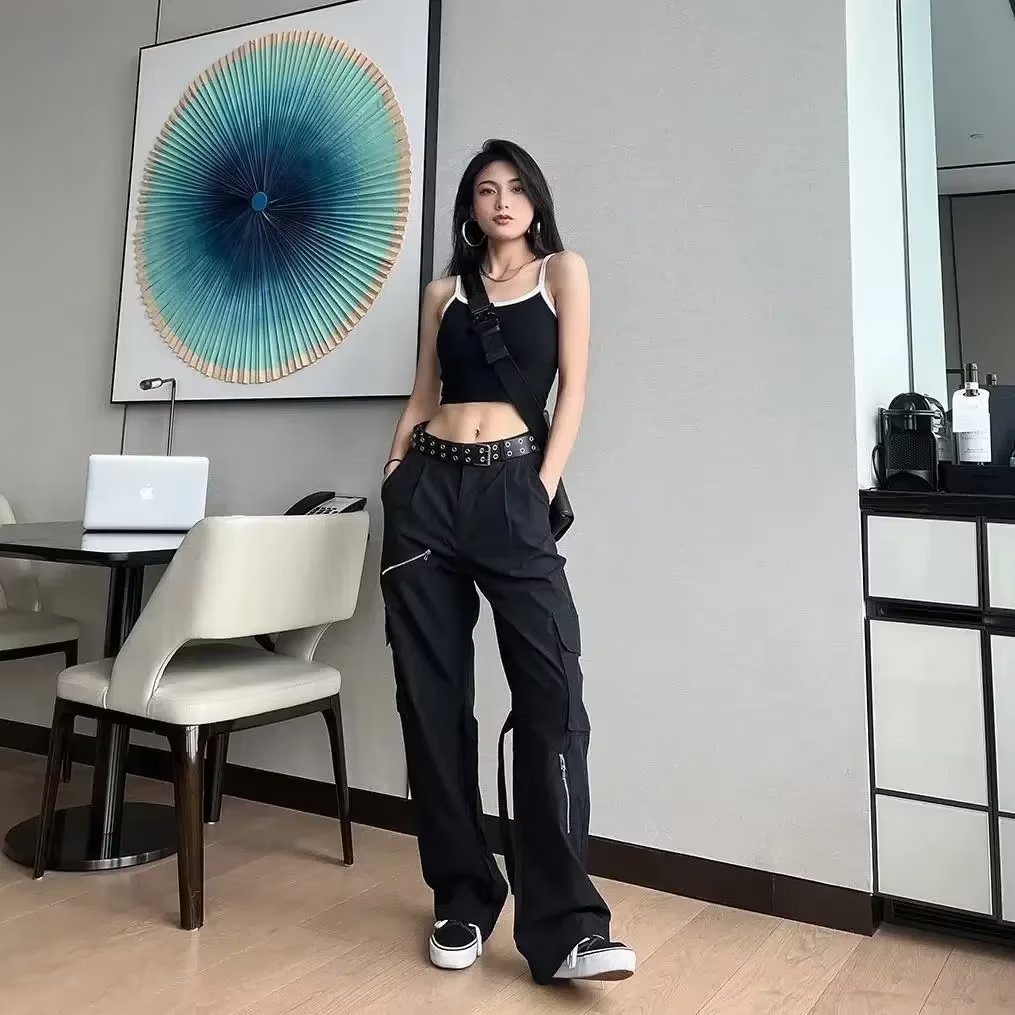 「MANSA」Quần Yếm Ống Rộng Lưng Cao Thời Trang Hàn Quốc
