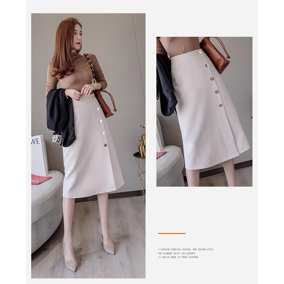 Chân váy công sở nữ dáng dài đính khuy điều chình theo thông số người mặc che khuyết điểm tôn dáng chân dài đi làm