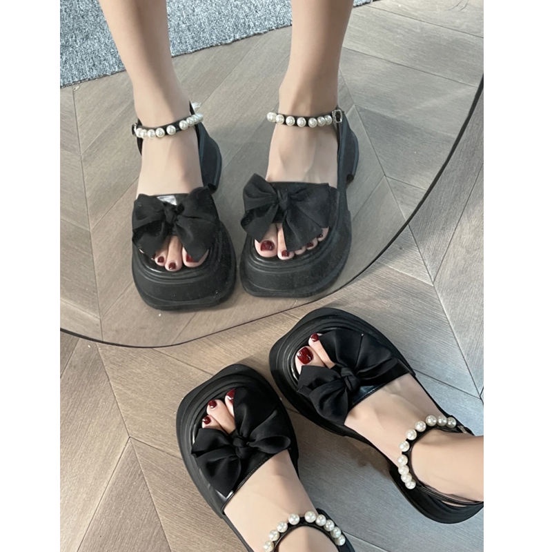 Giày Sandal Đế Dày Quai Nơ Đính Ngọc Trai Thời Trang Dành Cho Nữ