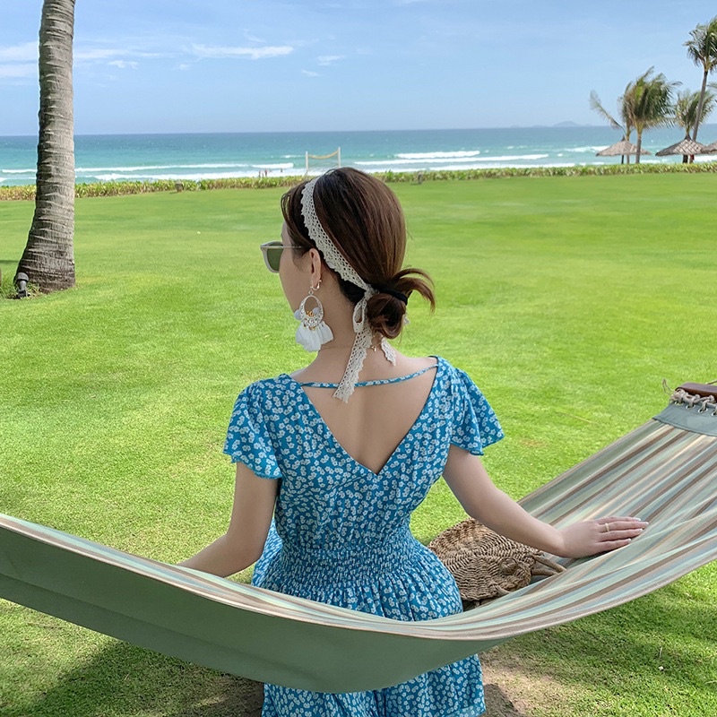 Váy maxi xanh hoa nhí lanh lụa không hở lưng loại 1