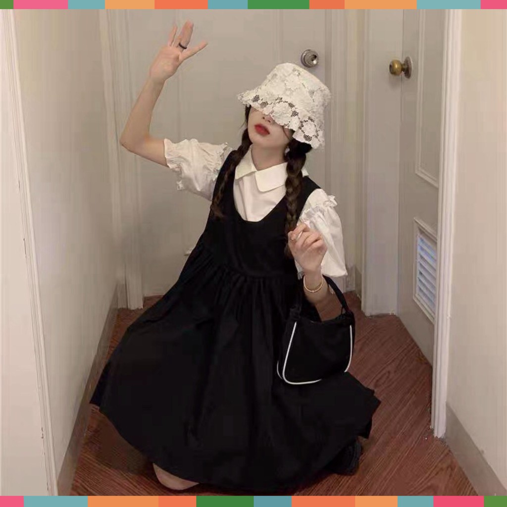 Đầm Yếm Nữ Đen Kèm Áo Ngắn Tay Bồng Siêu Xinh | BigBuy360 - bigbuy360.vn