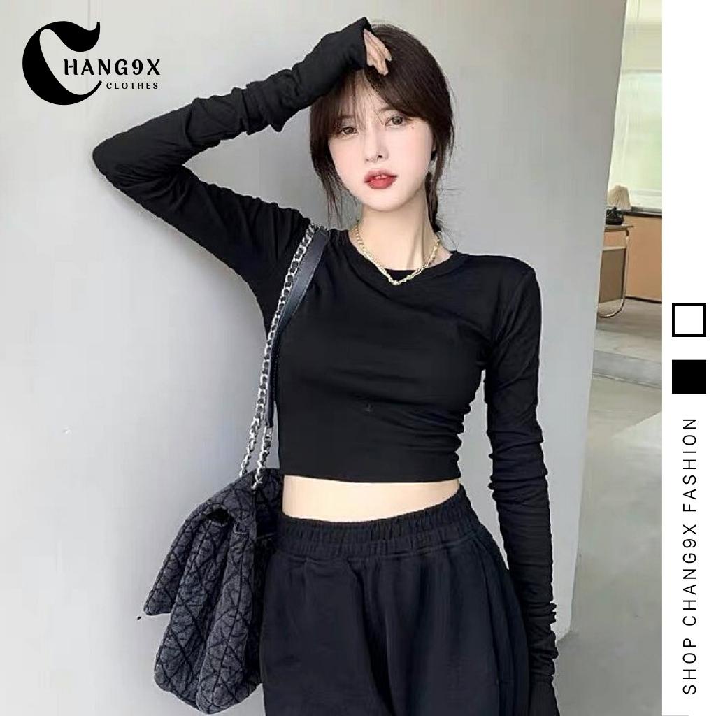Áo Croptop TAY DÀI CỔ TRÒN Nữ Dáng Ôm Body, Áo Kiểu Trơn Basic Chất Thun Gân Đẹp CR45