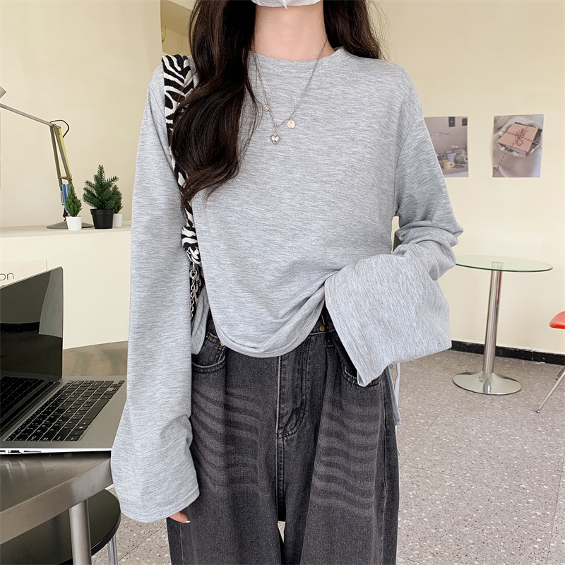 SUXI Áo Thun Tay Dài Cổ Tròn Màu Sắc Đơn Giản Cho Nữ