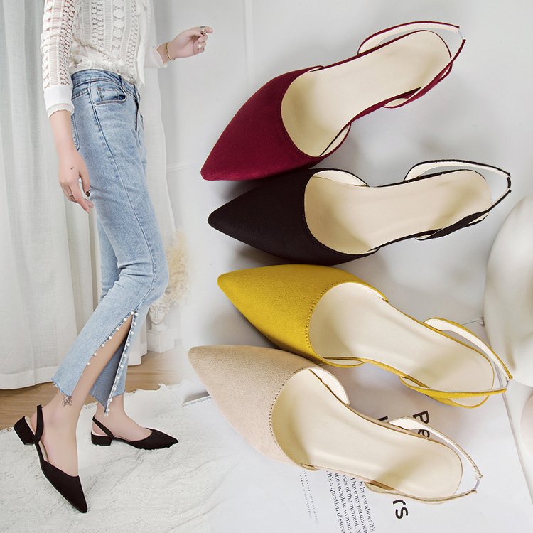 Giày sandal xỏ chân gót thấp mũi nhọn đế phẳng có khóa gài thời trang dành cho bạn nữ