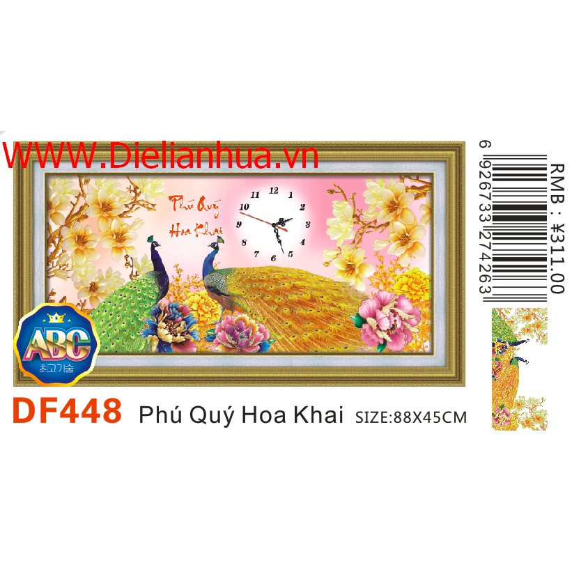 Tranh đính đá đồng hồ Hoa Khai Phú Quý. Kích thước 88x45cm