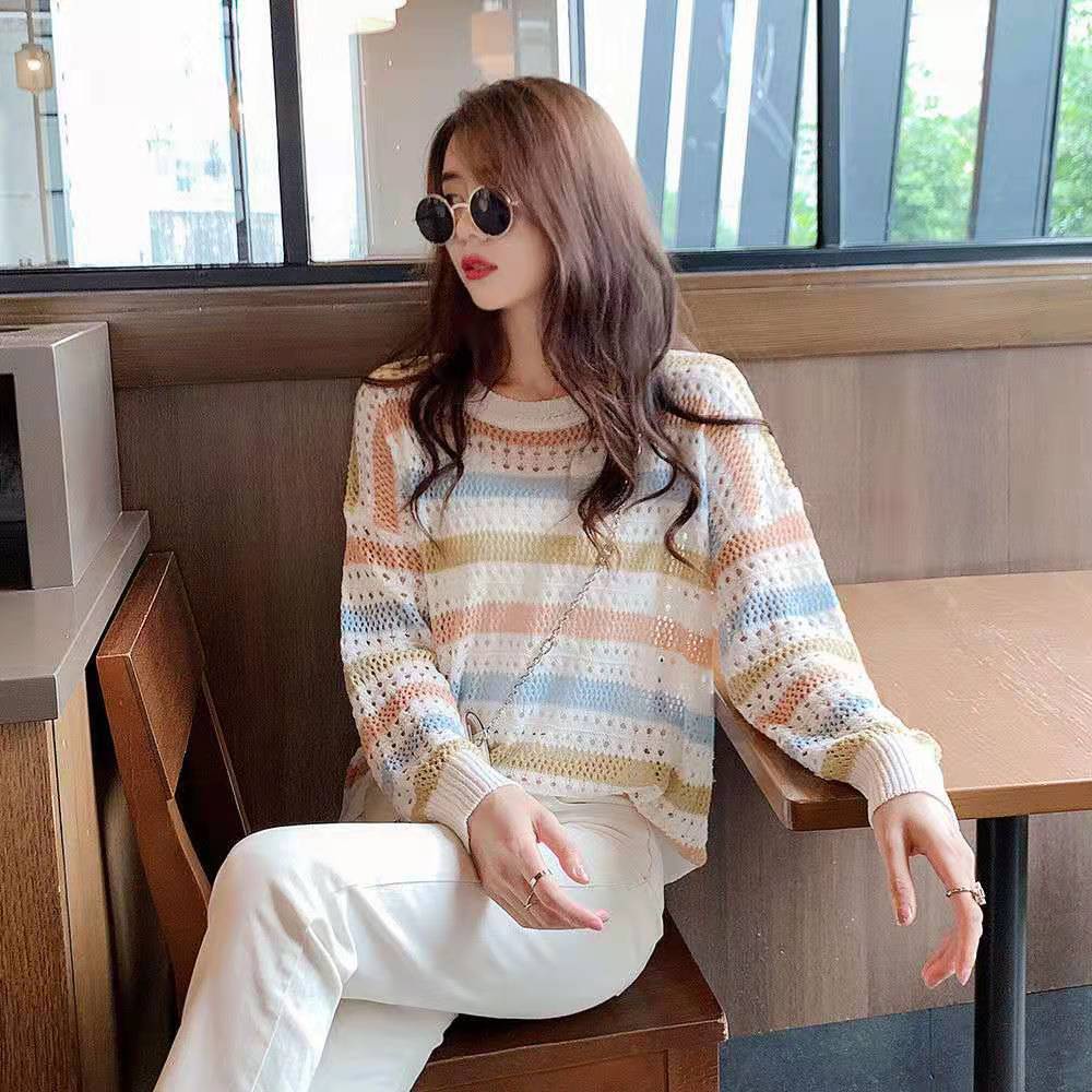 Áo Sweater Dệt Kim Dáng Rộng Cổ Tròn Họa Tiết Kẻ Sọc Màu Sắc Thời Trang Phong Cách Hàn Quốc Cho Nữ