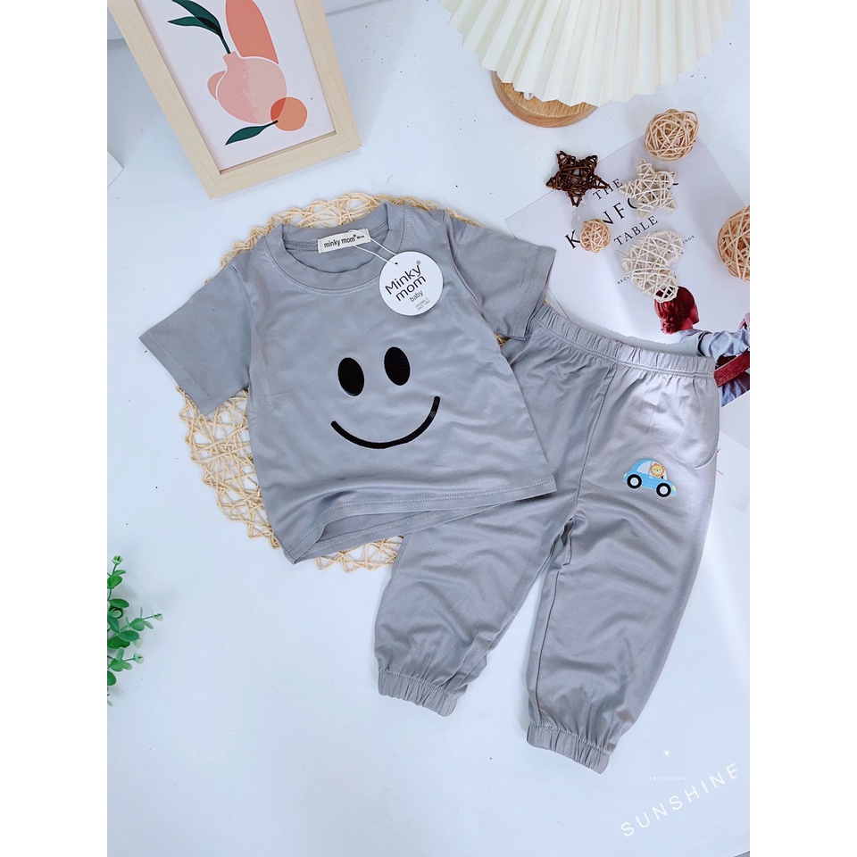 [Size 7-18kg] Bộ Áo Cộc Tay Quần Dài Vải Thun Lạnh Minky Mon Hình Mặt Cười Cho Bé