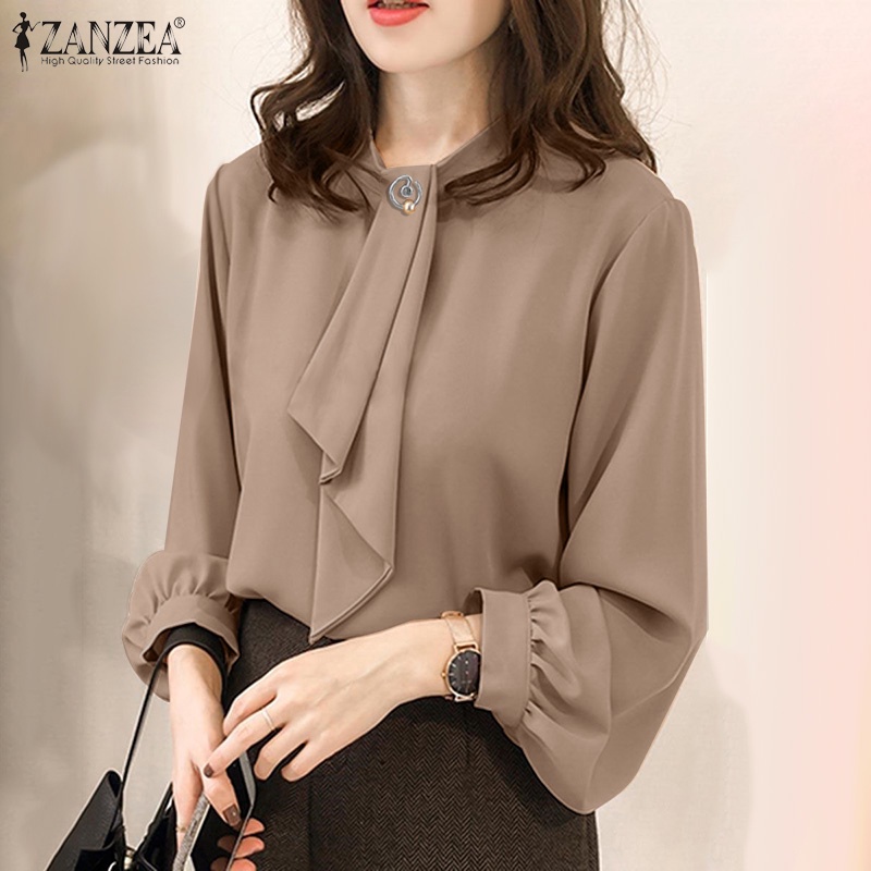 Áo kiểu nữ ZANZEA cổ tròn tay phồng cài nút sau lưng phong cách cổ điển thanh lịch thời trang