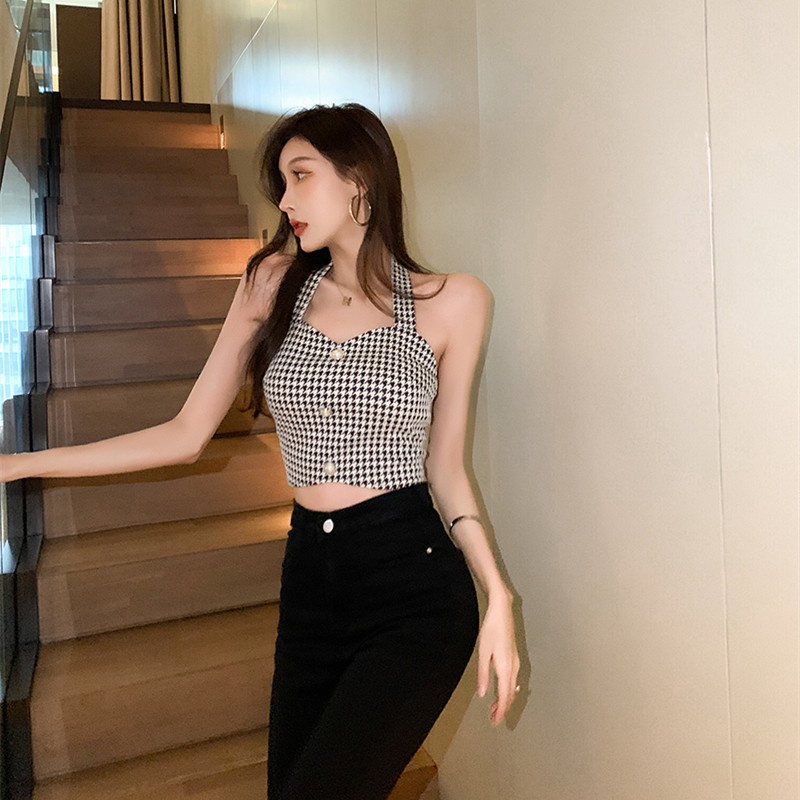 Áo hai dây họa tiết Houndstooth quyến rũ thời trang thu đông | BigBuy360 - bigbuy360.vn