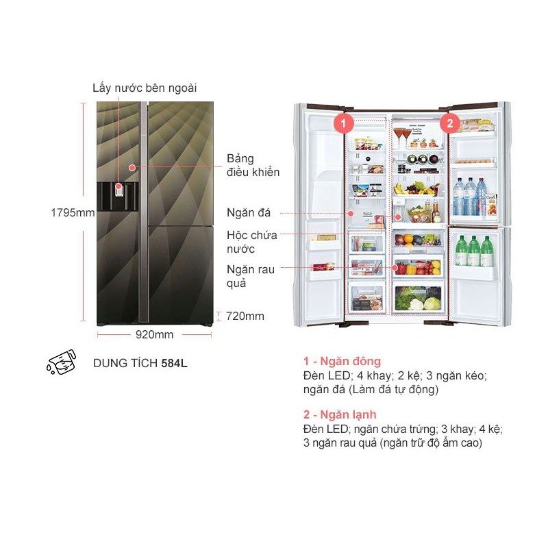 [ VẬN CHUYỂN MIỄN PHÍ KHU VỰC HÀ NỘI ]  Tủ lạnh Hitachi  side by side 3 cửa màu gương sọc R-FM800AGPGV4X(DIA)