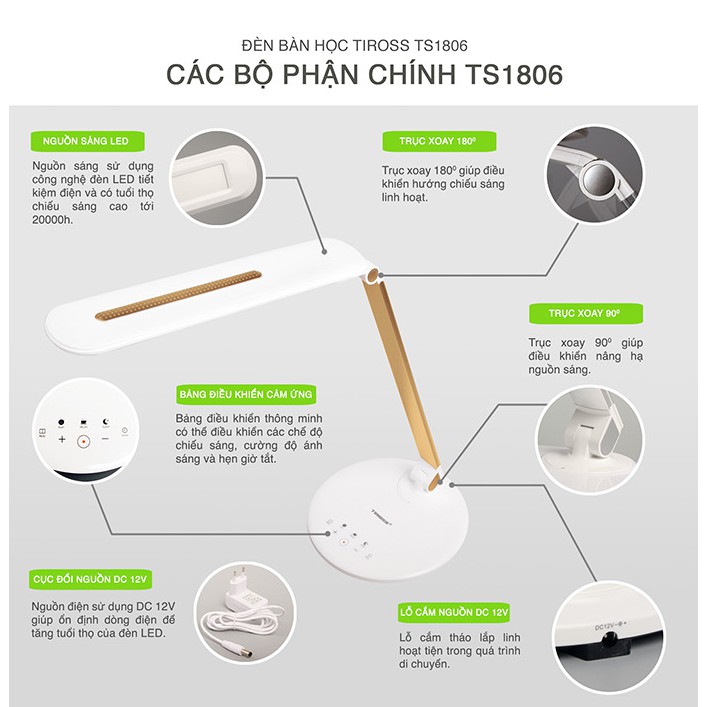 Đèn bàn học LED chống cận cao cấp TIROSS TS1806, công suất 8W, sp chính hãng, bảo hành 12 tháng