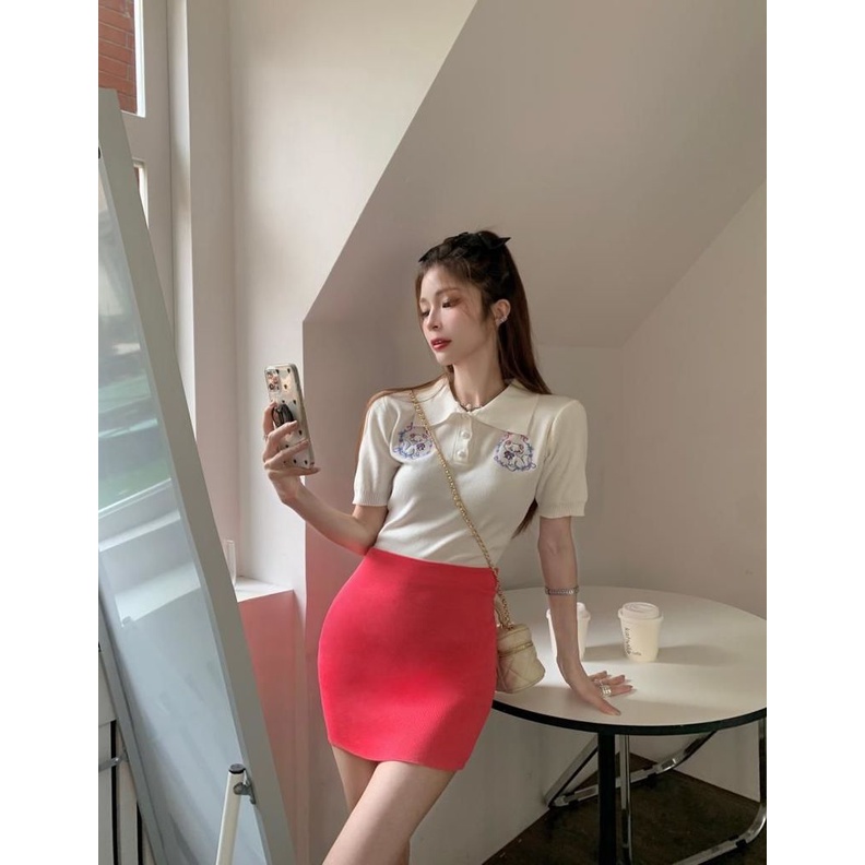 Áo sweater Tay Ngắn Cổ Bẻ Thêu Hình Mèo Dễ Thương