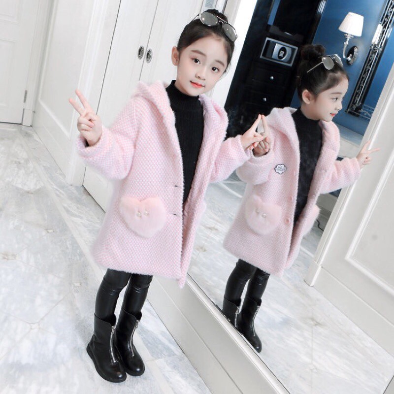 Áo Khoác Dạ Len kim Dày Kiểu Dáng Xinh Xắn Cho Bé Gái 3-14 tuổi 15-43kg