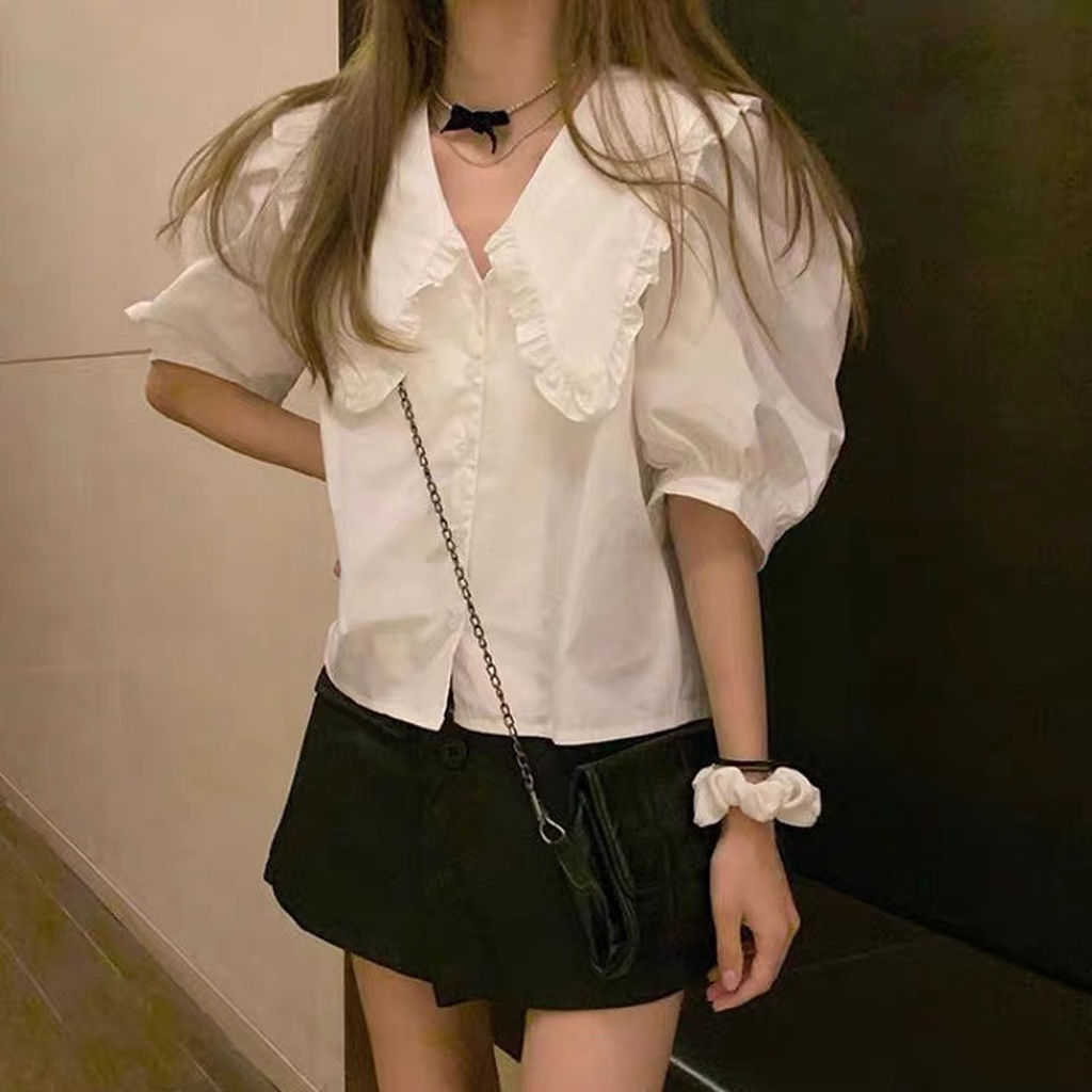 Áo sơ mi kiểu nữ, Áo sơ mi cổ bèo tay phồng tiểu thư Ulzzang
