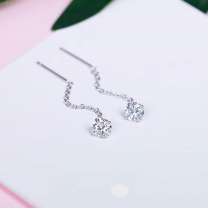 Khuyên tai bạc khuyên chấm đá tua móc xích đơn cổ điển Van Jewelry V10022