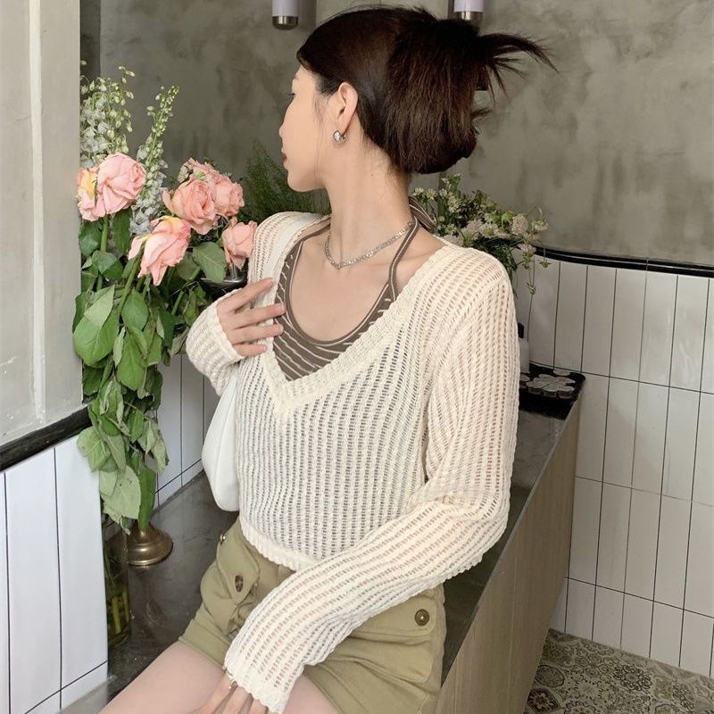 Set đồ COZOKC gồm áo cardigan dệt kim tay dài và áo không tay kẻ sọc thời trang trẻ trung