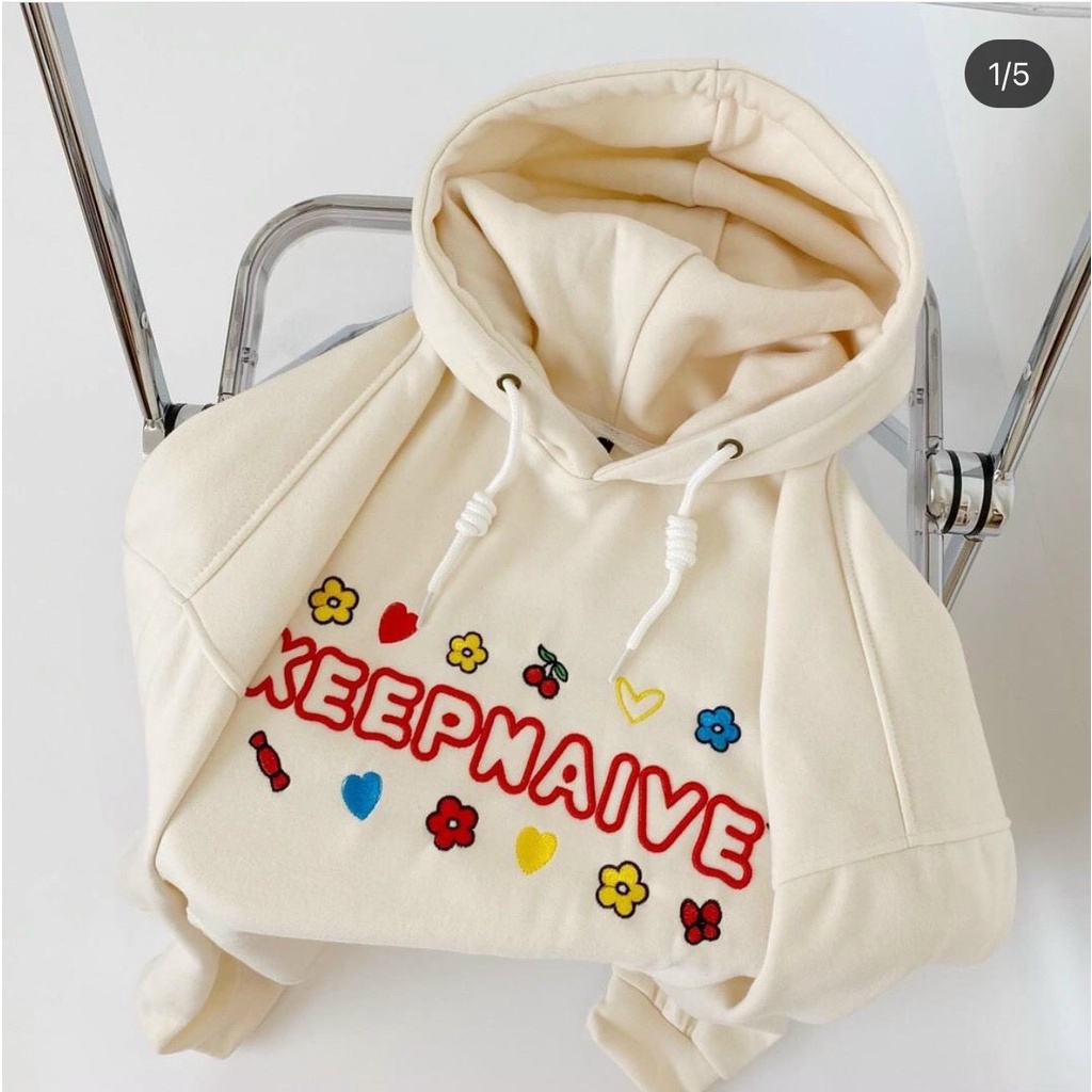 ÁO KHOÁC HOODIE CHUI ĐẦU NỈ NGOẠI NỮ THÊU CHỮ KEEPNAIVE HOA LÁ MÀU BE XANH CỐM DÀY DẶN ẤM ÁP CAO CẤP NITIQC