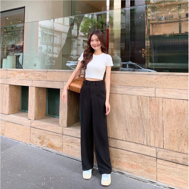 Quần ống rộng dài 100cm màu đen dáng dài - Quần culottes chất dày dặn phối áo đi học đi làm | BigBuy360 - bigbuy360.vn