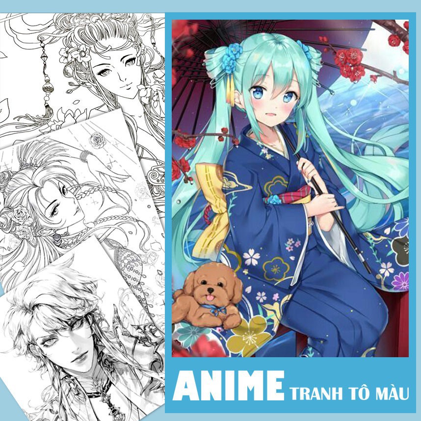 Bộ tranh tô màu  Anime giấy dày tô màu chì, màu nướckhổ A4, 5 tranh A4