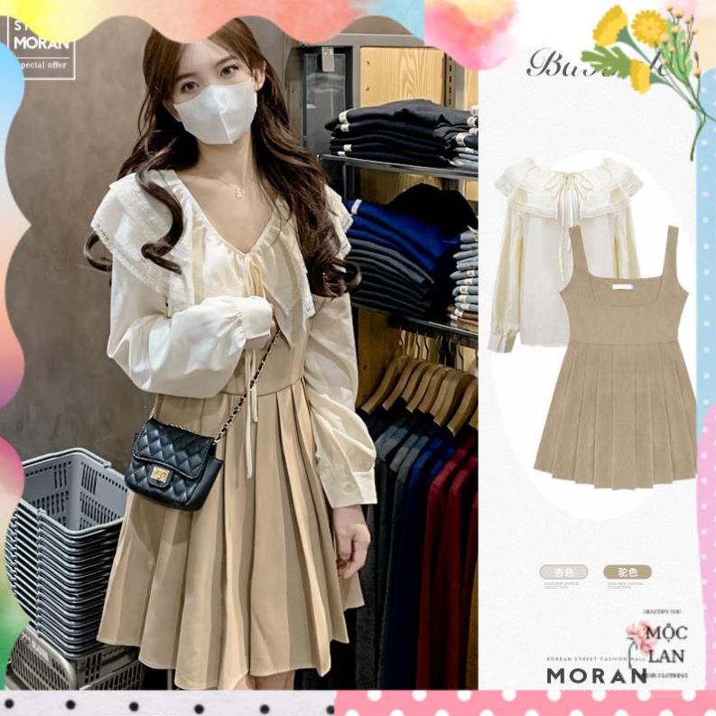 Váy yếm hai dây MORAN màu kaki xòe ngắn xếp ly đáng yêu style Hàn Quốc điệu đà (Hàng mới hot)