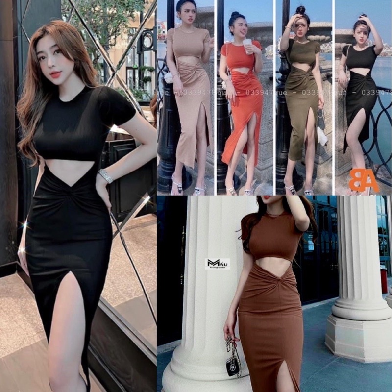 Đầm ôm body nữ kiểu hở xoắn eo Sexy tay ngắn chất vải thun gân len 4 chiều FreeSize, Váy Maxi form dài