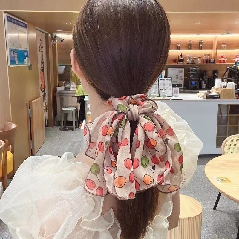 Dây Cột Tóc Thắt Nơ Bằng Vải In Hoa Phối Dây Ruy Băng Cỡ Lớn Bằng Kim Loại Kiểu Hàn Quốc Cho Nữ