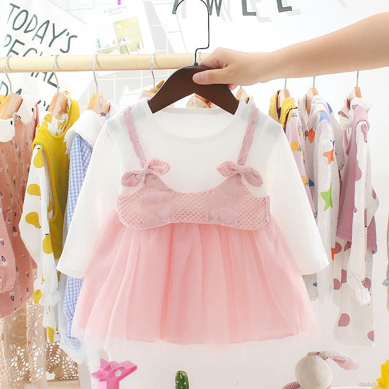 Áo đầm giả hai mảnh thiết kế bằng vải lưới tay dài dành cho bé 0-3 tuổi thời trang xuân thu
