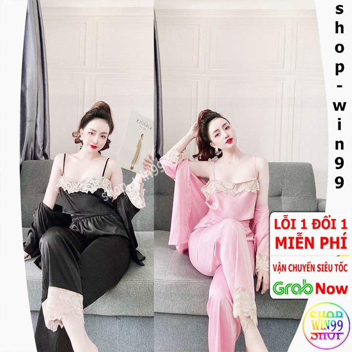 Đầm ngủ lụa 2 dây ❤ SANG CHẢNH ❤ bộ lụa mặc nhà cao cấp chất satin phối ren gồm áo choàng áo 2 dây và quần đùi cho nữ