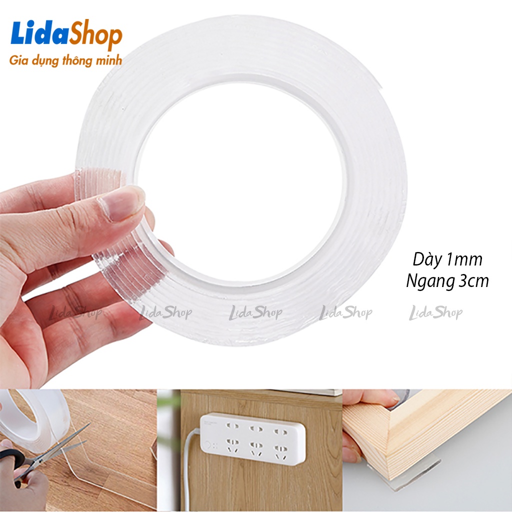 Cuộn băng keo 2 mặt siêu dính LidaShop , băng keo dẻo trong 2 mặt dán tranh gương dán tường ốp đá gạch men