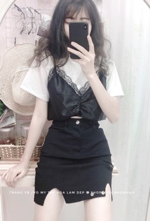 Set áo croptop phối chân váy khoen