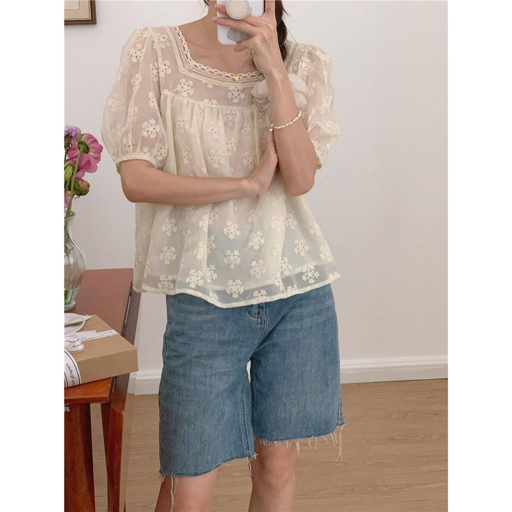 Áo Chiffon Cổ Vuông Tay Ngắn Phối Ren Thêu Họa Tiết Tinh Tế Phong Cách Hàn Quốc Thời Trang Mới 52705