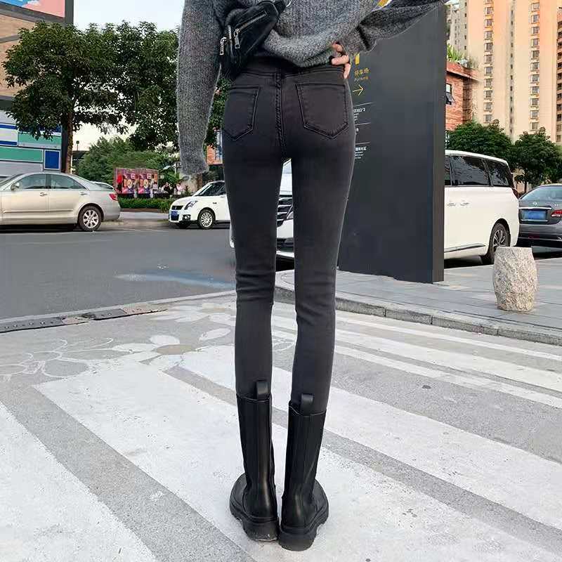Quần Jeans Nữ Dài Lưng Cao Ôm Chân Màu Đen / Xám Khói Phong Cách Hàn Quốc