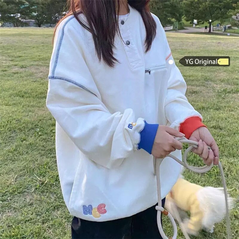 ÁO SWEATER NỈ TRẮNG TAY PHỐI XANH ĐỎ VIỀN CHỈ (ẢNH THẬT Ở CUỐI)
