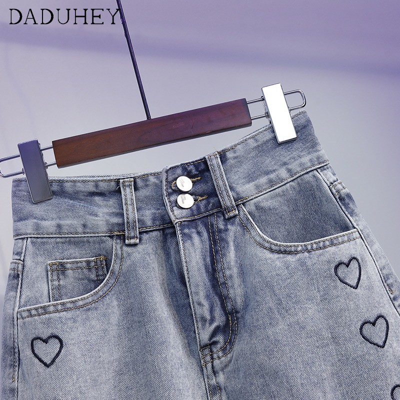 Chân váy jean Lưng Cao Dáng Chữ A Thêu Họa Tiết Trái Tim Xinh Xắn Thời Trang Mùa Hè Cho Nữ