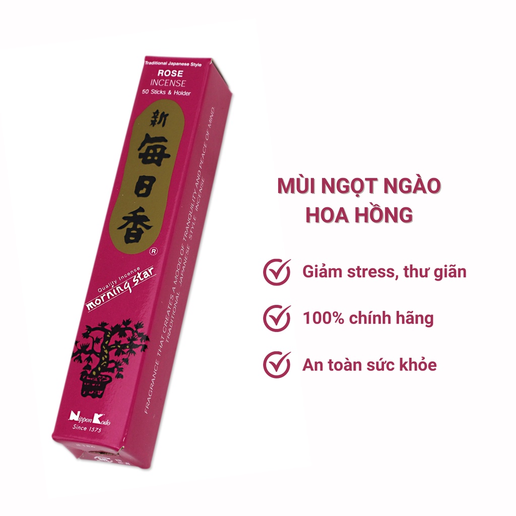 Nhang thơm Morning Star Rose hoa hồng 50 que, Thanh hương Nhật Bản thư giãn định tâm Nippon Kodo
