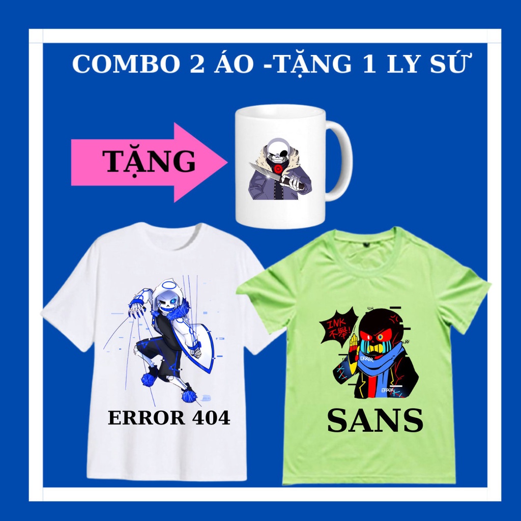 Set 2 áo thun trẻ em Undertale Sans, áo phông Error 404, Áo Error 505 ,Kèm Ly sứ Undertale Sans