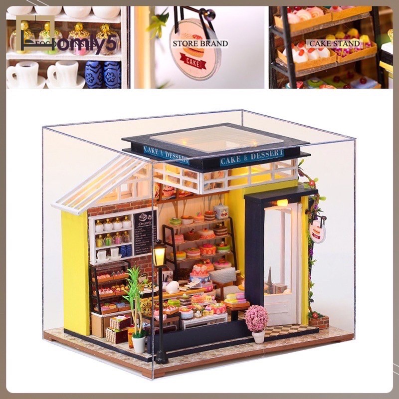 Đồ Chơi Mô Hình DIY Lắp Ráp Gỗ Mô Hình Tiệm Bánh Kẹo Chocolate Tuyệt Vời Mini Thu Nhỏ C007 Có Đèn