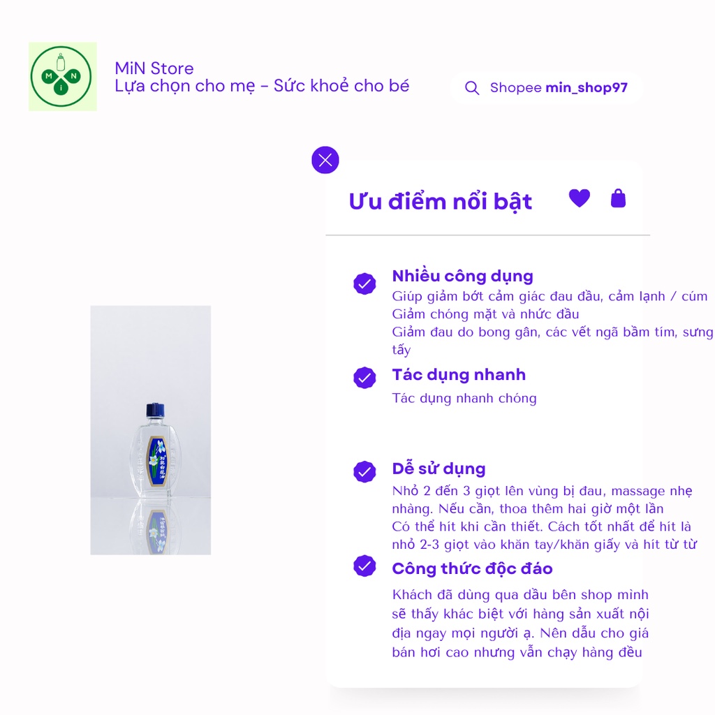 20ml Dầu Gió Trắng Bạch Hoa HONGKONG Chính Hãng Hoe Hin White Flower Embrocation Oil Pak Fah Yeow