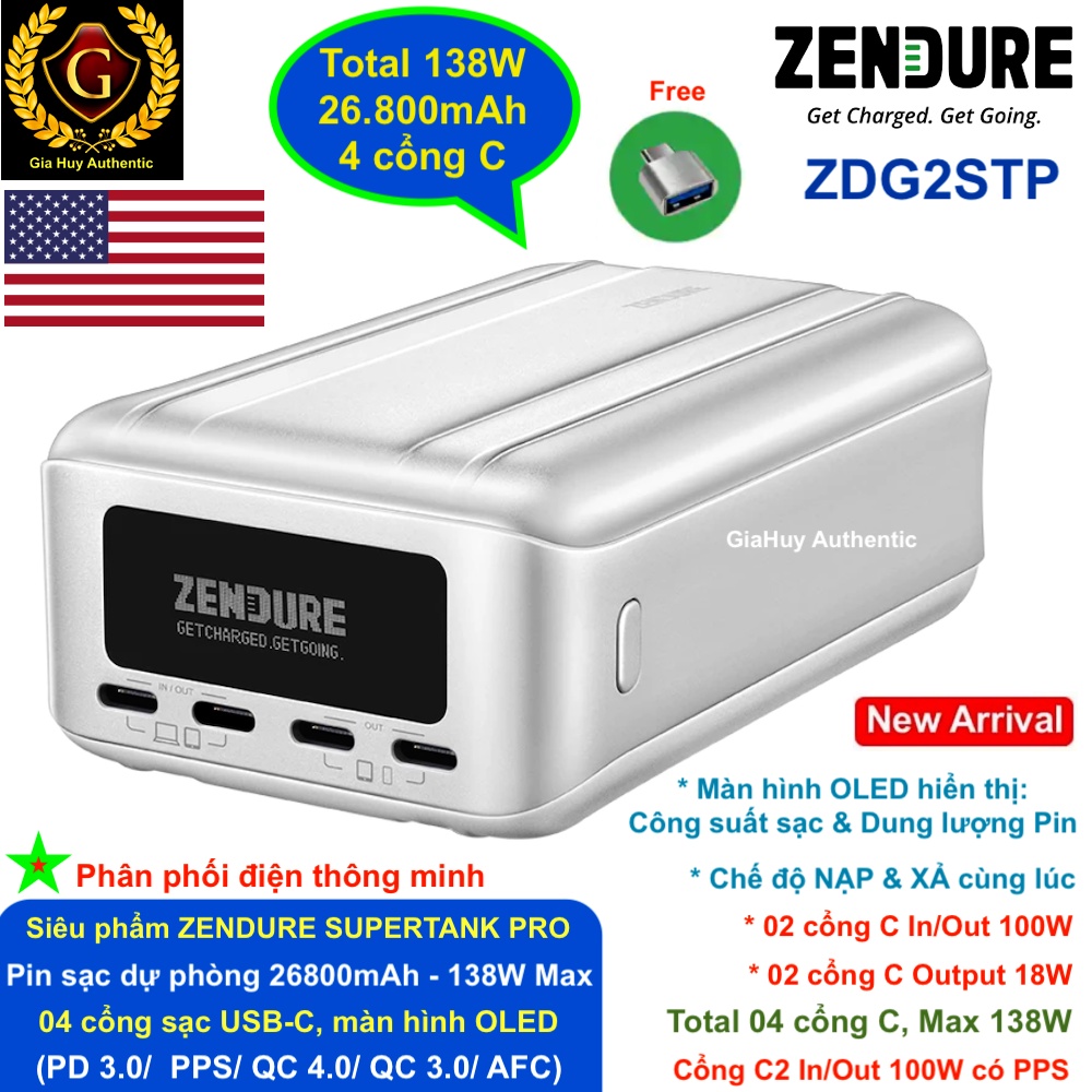 Pin sạc dự phòng ZENDURE SuperTank Pro ZDG2STP 26800mAh 138W PD/PPS 100W, Màn hình Led thể hiện công suất sạc và dung pi