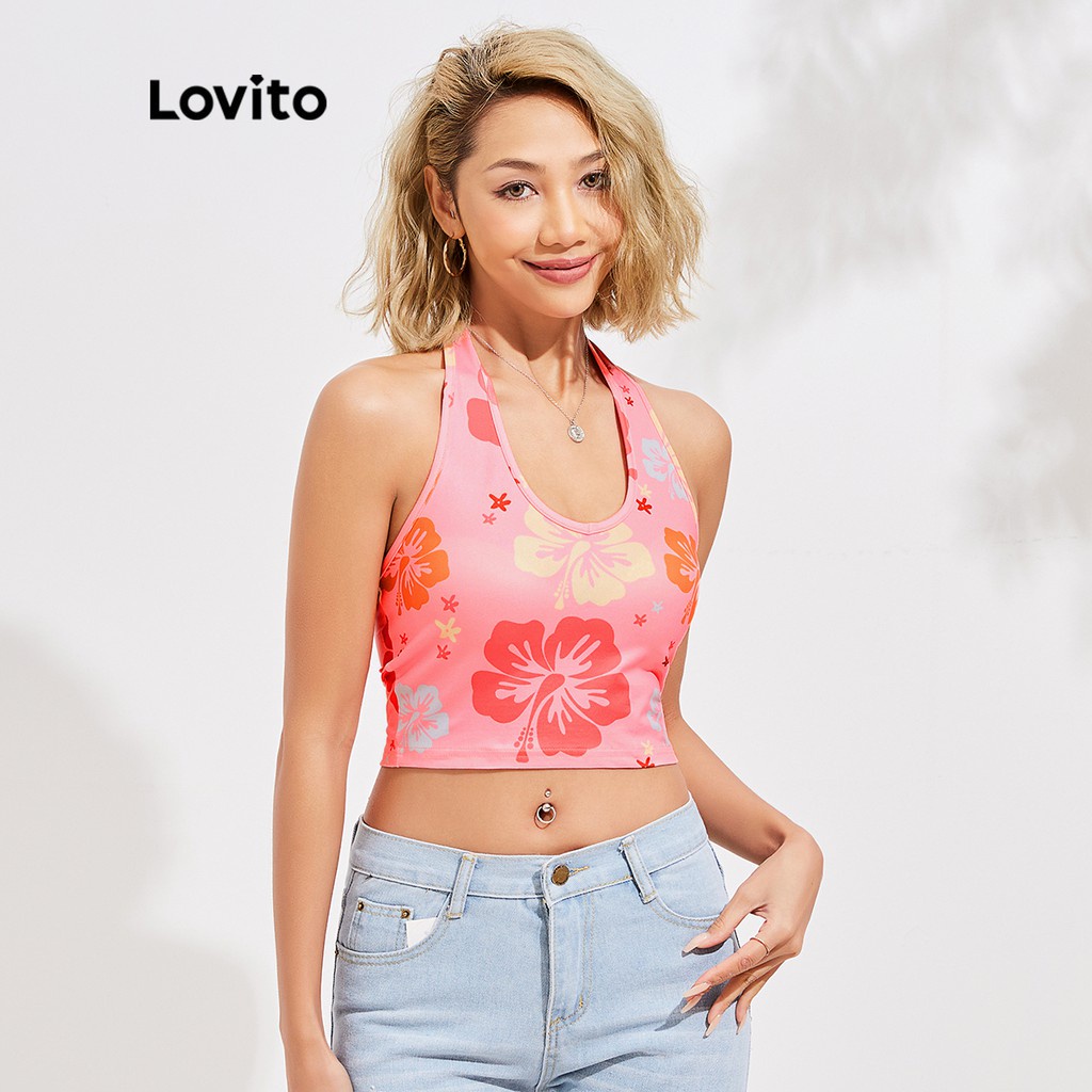 Áo Lovito cổ yếm hở in họa tiết hoa phong cách vintage L16D024 (Màu hồng)