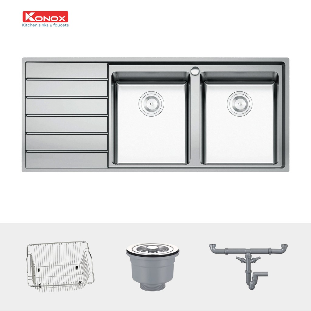 Chậu rửa bát có bàn chờ KONOX European Premium KS11650 2B inox 304AISI, full set gồm Siphon+Giá úp bát inox