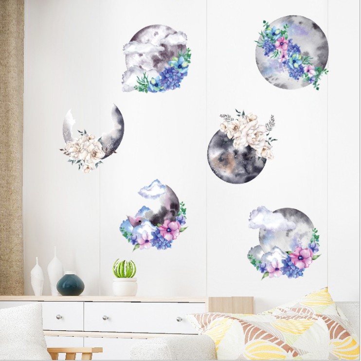 Decal dán tường trang trí - BỘ TRANH HOA TÍM TRĂNG HUYỀN ẢO HIỆN ĐẠI