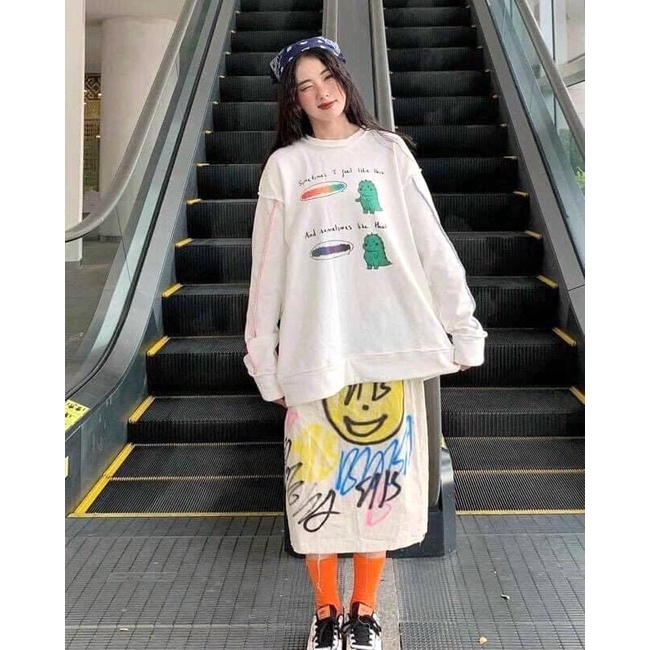Sweater Cổ Tròn Tay Bồng Sometimes  Nana's House - FREESHIP  Áo nỉ dài tay oversize màu trắng basic, in hình cute
