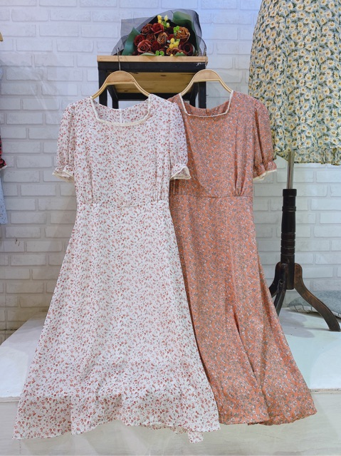 Váy hoa nhí cổ vuông viền ren ngắn tay màu mới Vintage style🌸 Hàng Quảng Châu