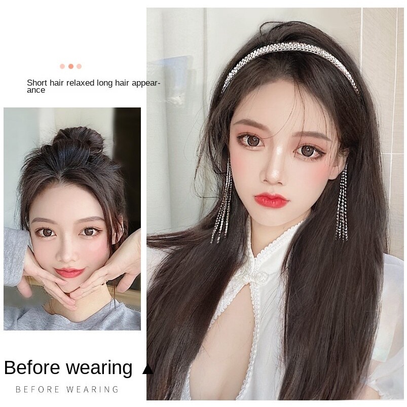 Tóc giả dài thẳng tay lửng phối tua rua pha lê có thể tháo rời cho nữ
