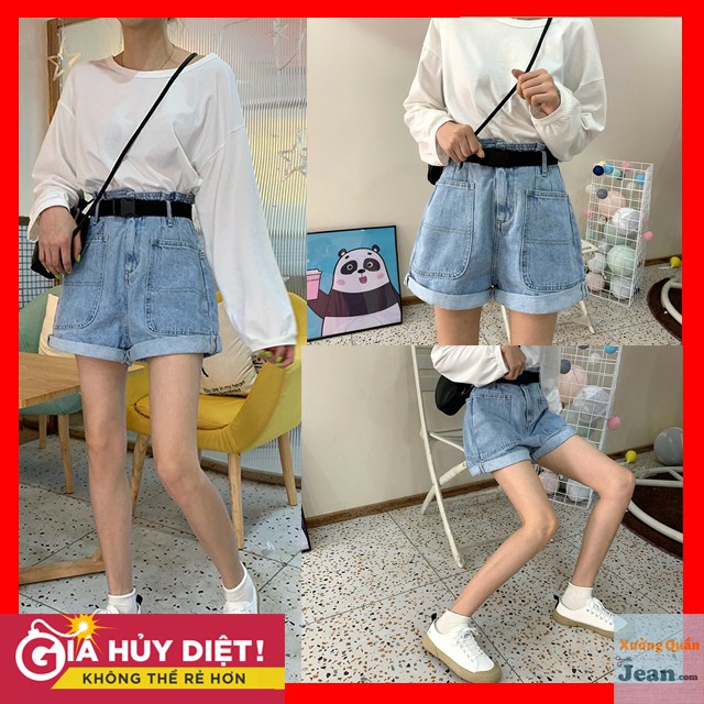 Quần Short Jean Nữ 2 Túi Bigtoe Ống Rộng Gập Gấu Lưng Cao Màu Xanh Nhạt - 513