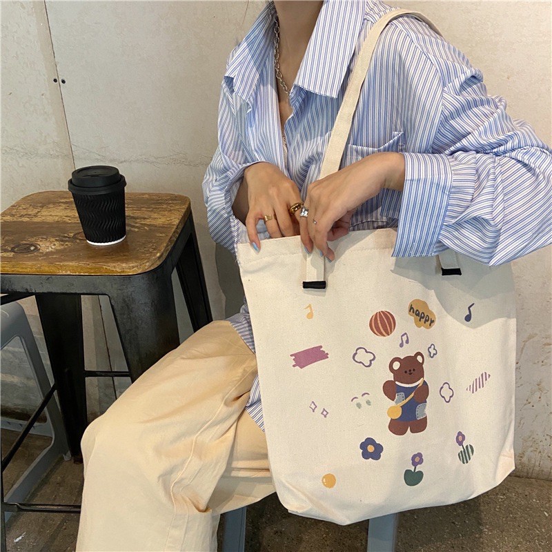 TÚI TOTE VẢI CANVAS ĐEO VAI HÌNH GẤU HAPPY