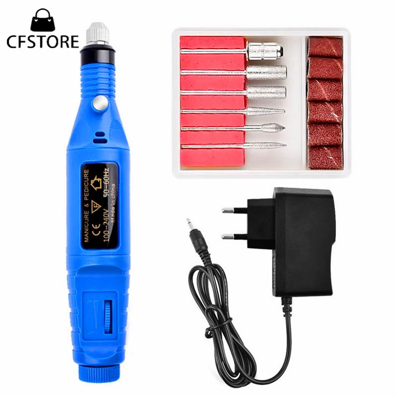 Máy khoan điện kèm 6 mũi khoan và dây nguồn dùng trong trang trí móng tay nghệ thuật