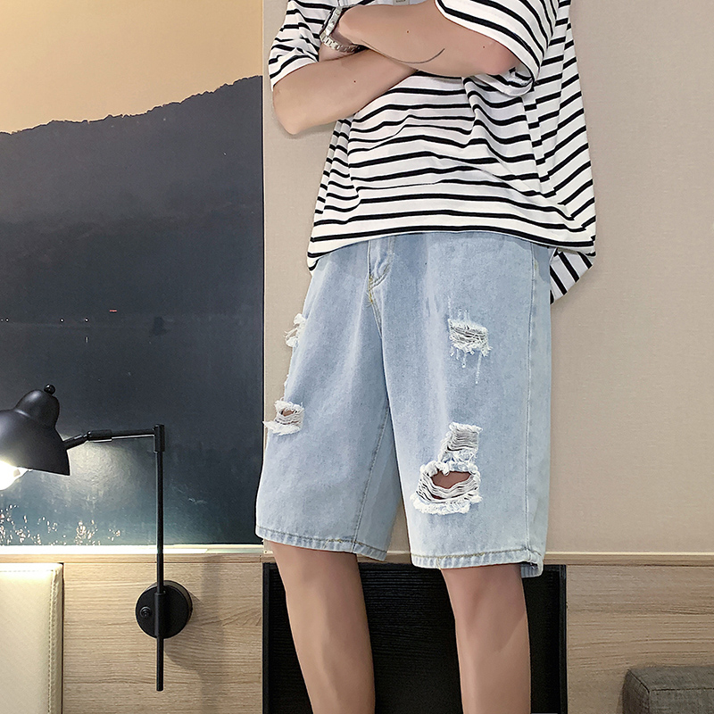 Korean Style Men's Fashion Light Blue Hole Denim Shorts Men's High-waisted Straight Casual Pants