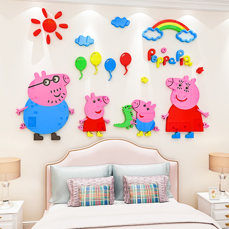 Tranh dán tường 3d cho bé, tranh mica 3D, Gia đình pepa pig, trang trí mầm non, trang trí khu vui chơi trẻ em